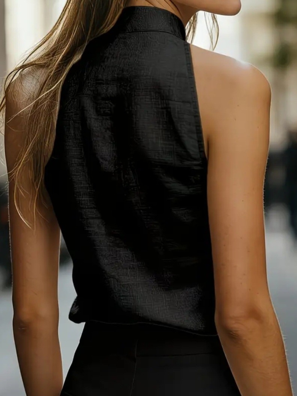 Sleeveless Black Mandarin Collar Top - Picture 2 of 4